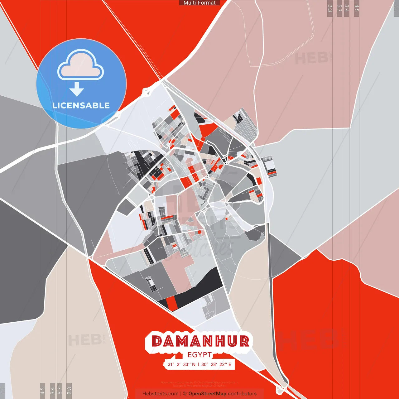 Damanhur, Egypt - modern street map poster template with gray and red tones