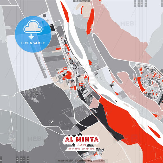 Al Minya, Egypt - modern street map poster template with gray and red tones