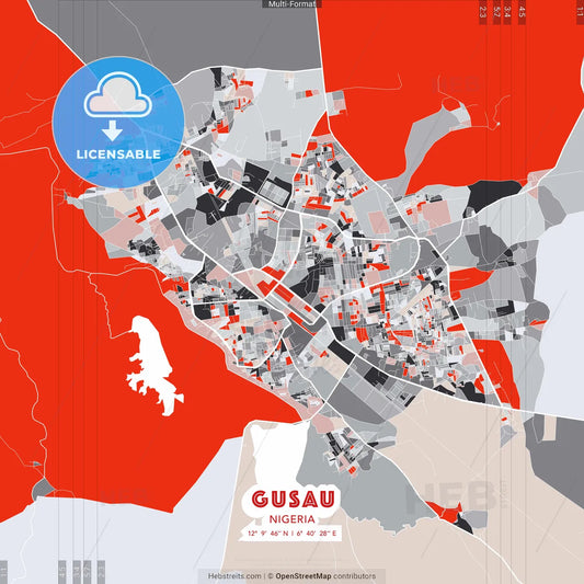 Gusau, Nigeria - modern street map poster template with gray and red tones