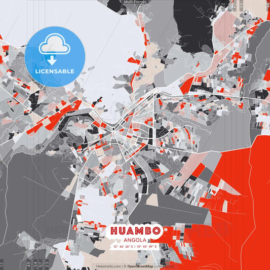 Huambo, Angola - modern street map poster template with gray and red tones