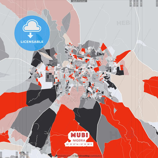 Mubi, Nigeria - modern street map poster template with gray and red tones