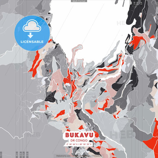 Bukavu, DR Congo - modern street map poster template with gray and red tones