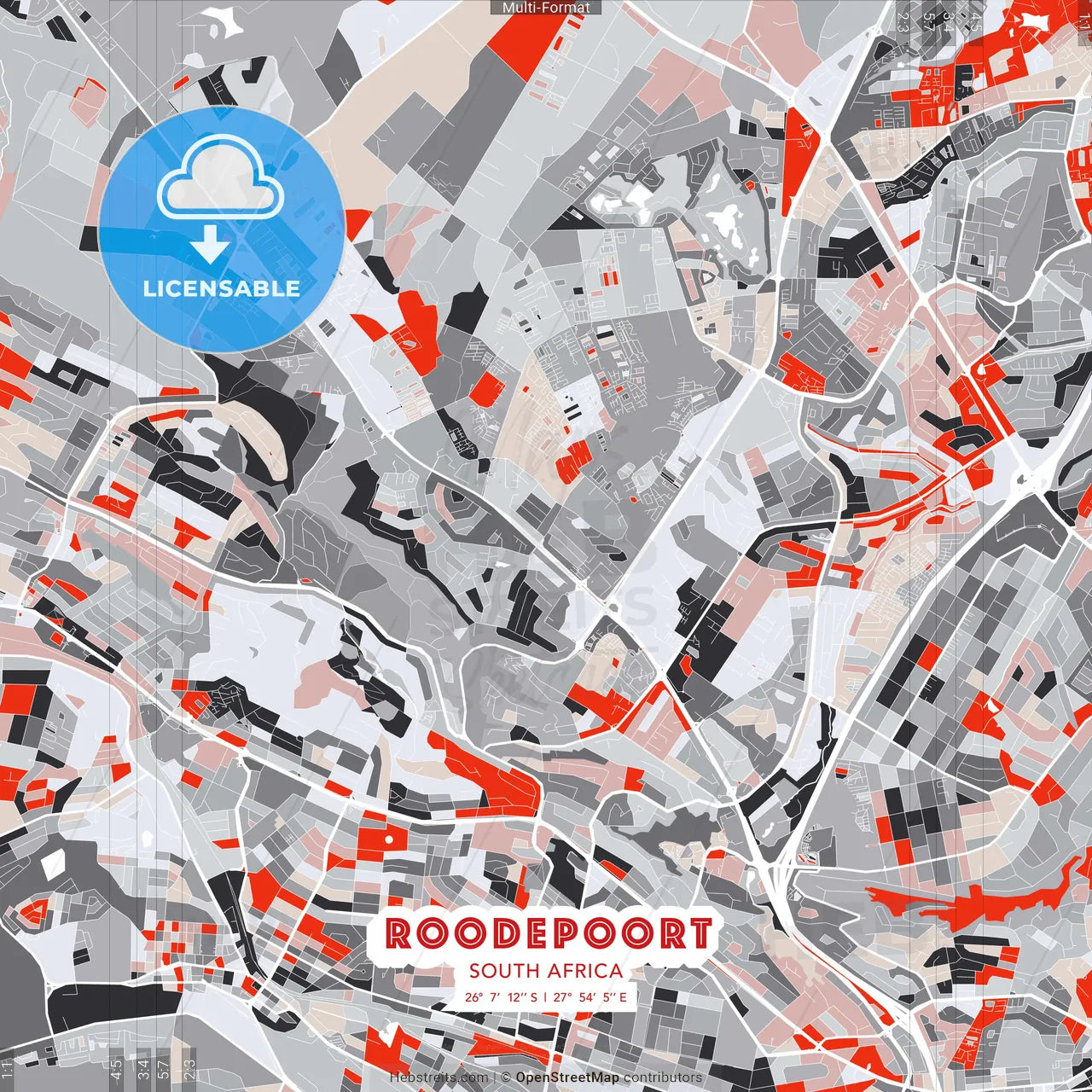 Roodepoort, South Africa - modern street map poster template with gray and red tones