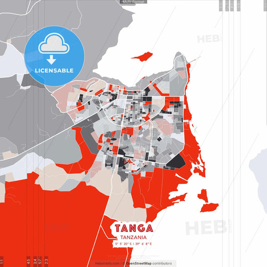Tanga, Tanzania - modern street map poster template with gray and red tones