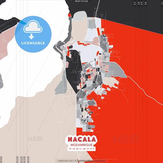 Nacala, Mozambique - modern street map poster template with gray and red tones