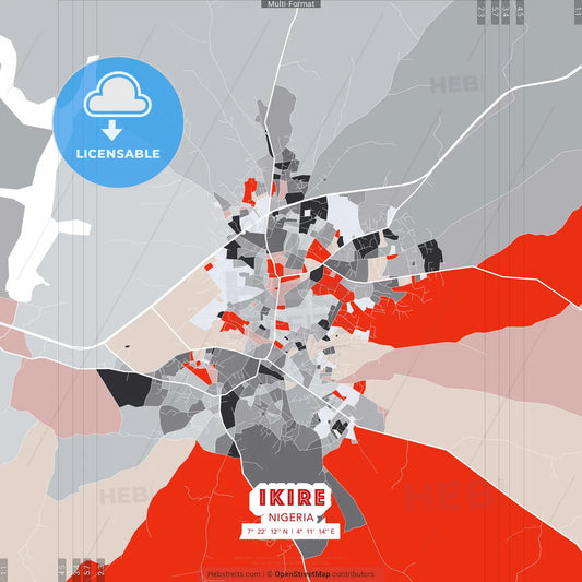 Ikire, Nigeria - modern street map poster template with gray and red tones