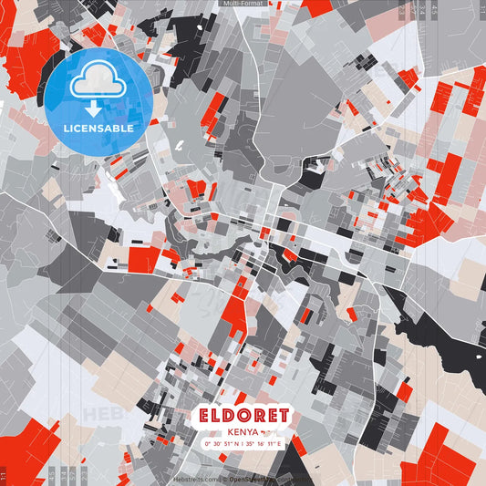Eldoret, Kenya - modern street map poster template with gray and red tones