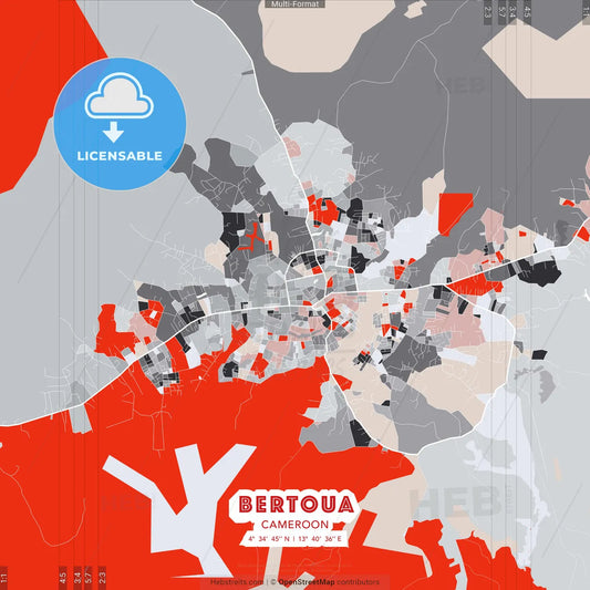 Bertoua, Cameroon - modern street map poster template with gray and red tones