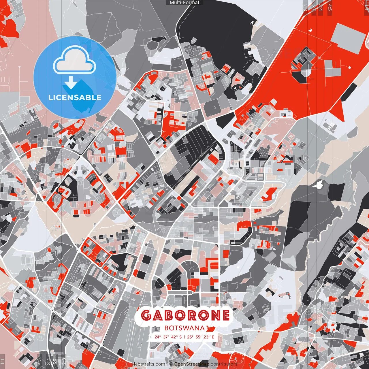 Gaborone, Botswana - modern street map poster template with gray and red tones