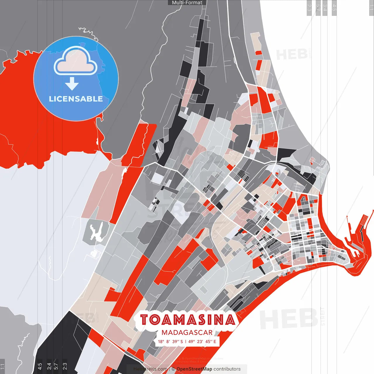 Toamasina, Madagascar - modern street map poster template with gray and red tones