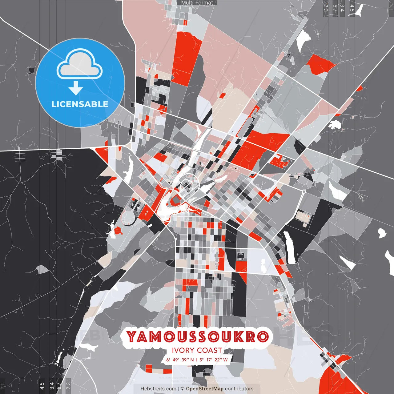 Yamoussoukro, Ivory Coast - modern street map poster template with gray and red tones