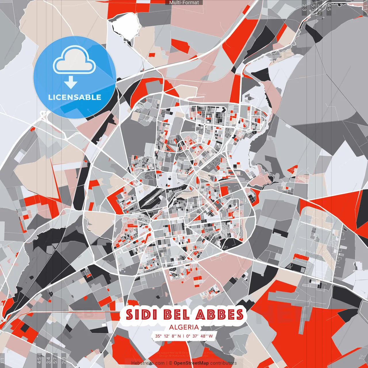 Sidi Bel Abbes, Algeria - modern street map poster template with gray and red tones