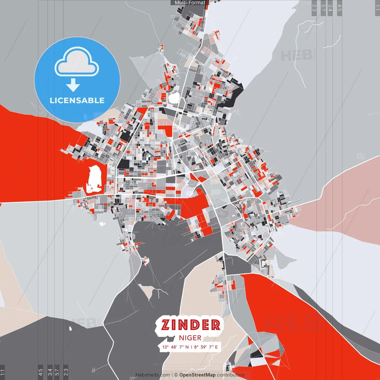 Zinder, Niger - modern street map poster template with gray and red tones