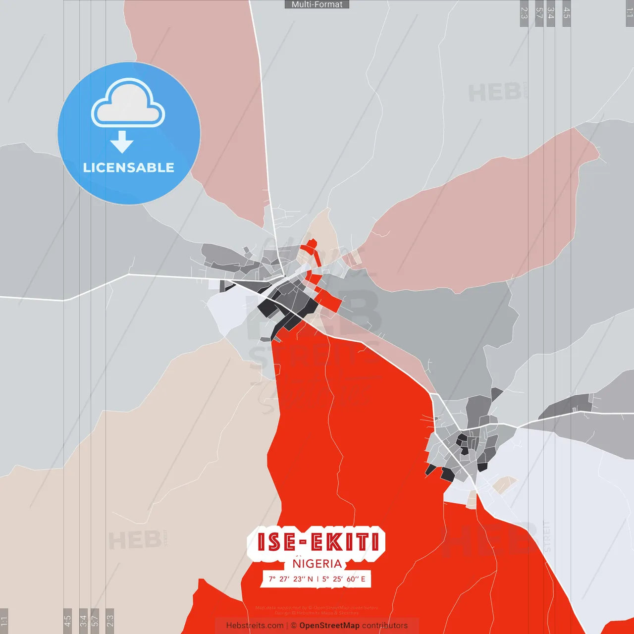 Ise-Ekiti, Nigeria - modern street map poster template with gray and red tones