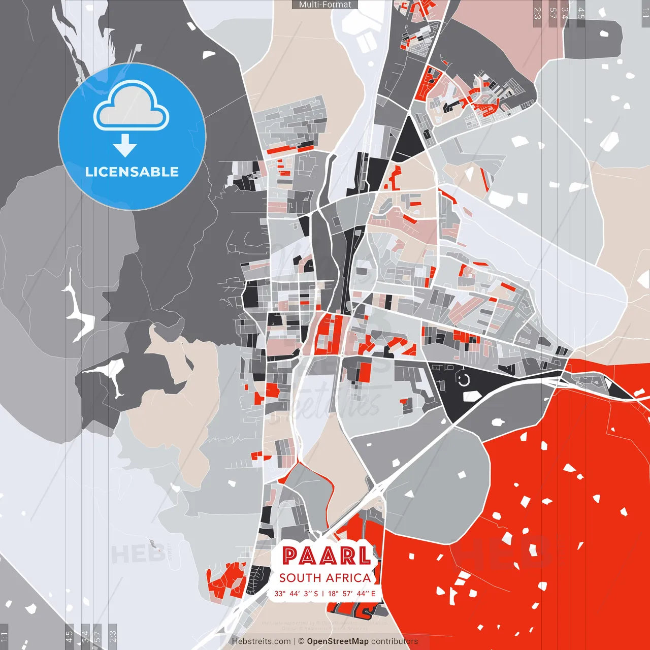 Paarl, South Africa - modern street map poster template with gray and red tones