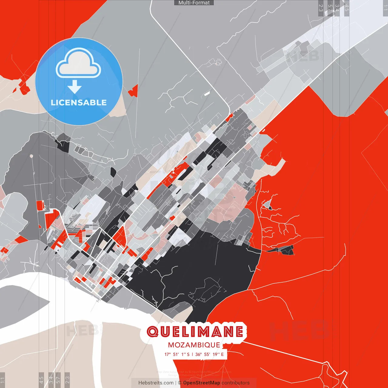 Quelimane, Mozambique - modern street map poster template with gray and red tones