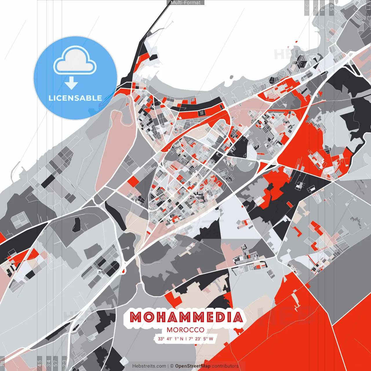 Mohammedia, Morocco - modern street map poster template with gray and red tones
