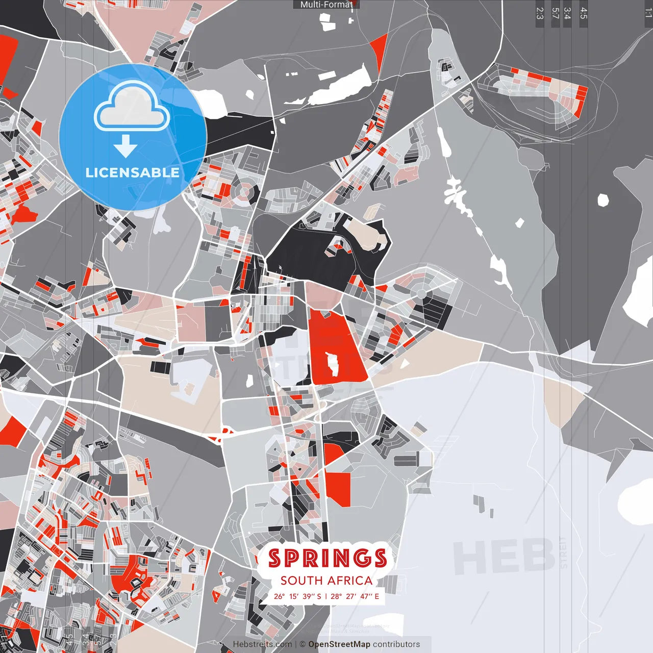 Springs, South Africa - modern street map poster template with gray and red tones