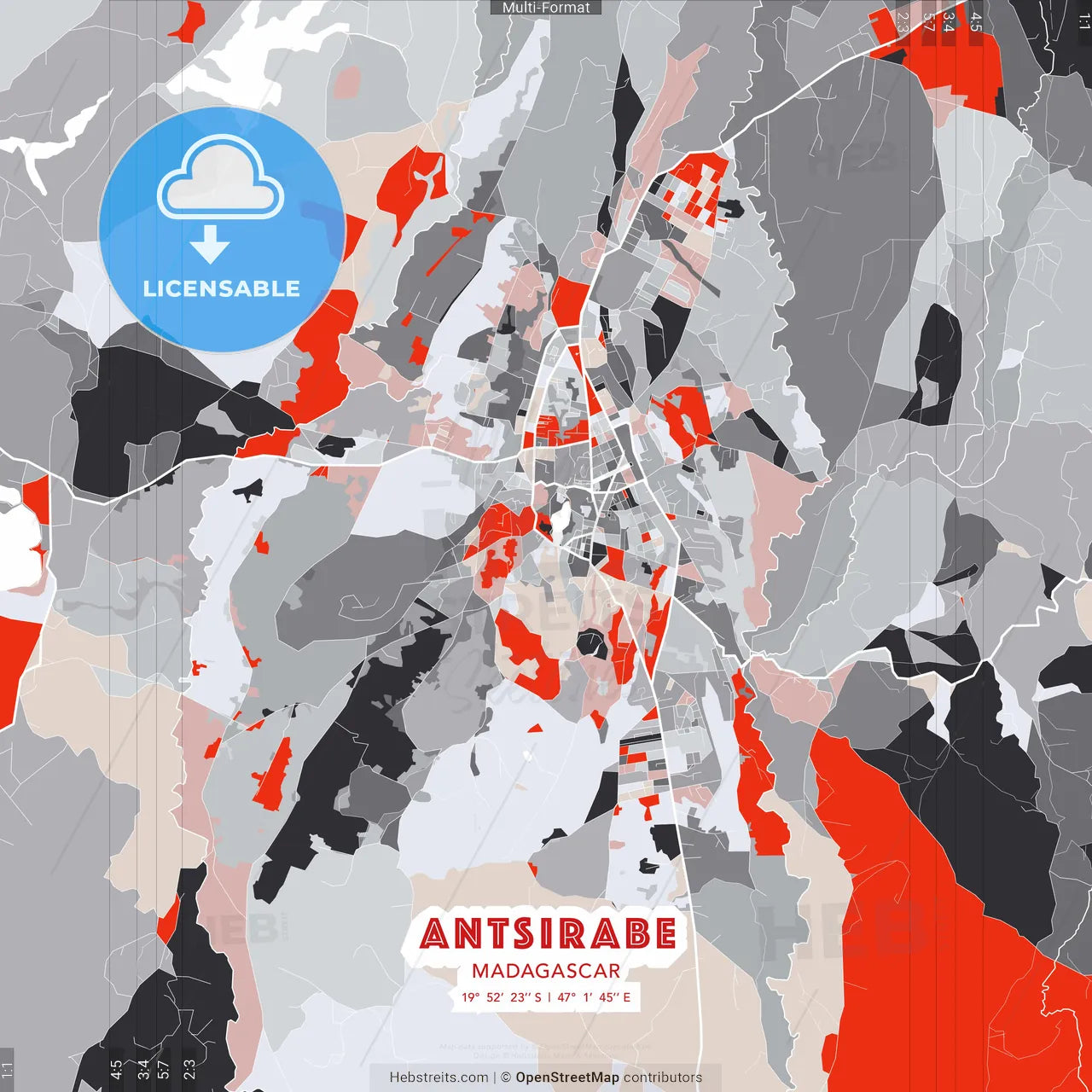 Antsirabe, Madagascar - modern street map poster template with gray and red tones