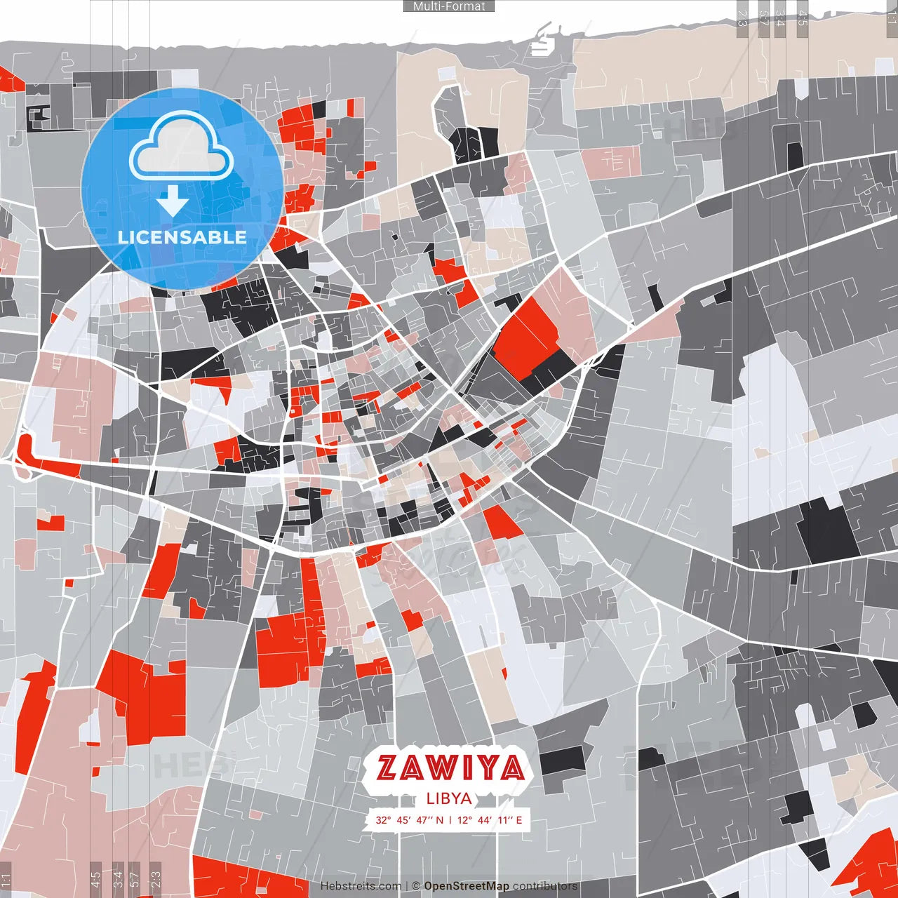 Zawiya, Libya - modern street map poster template with gray and red tones