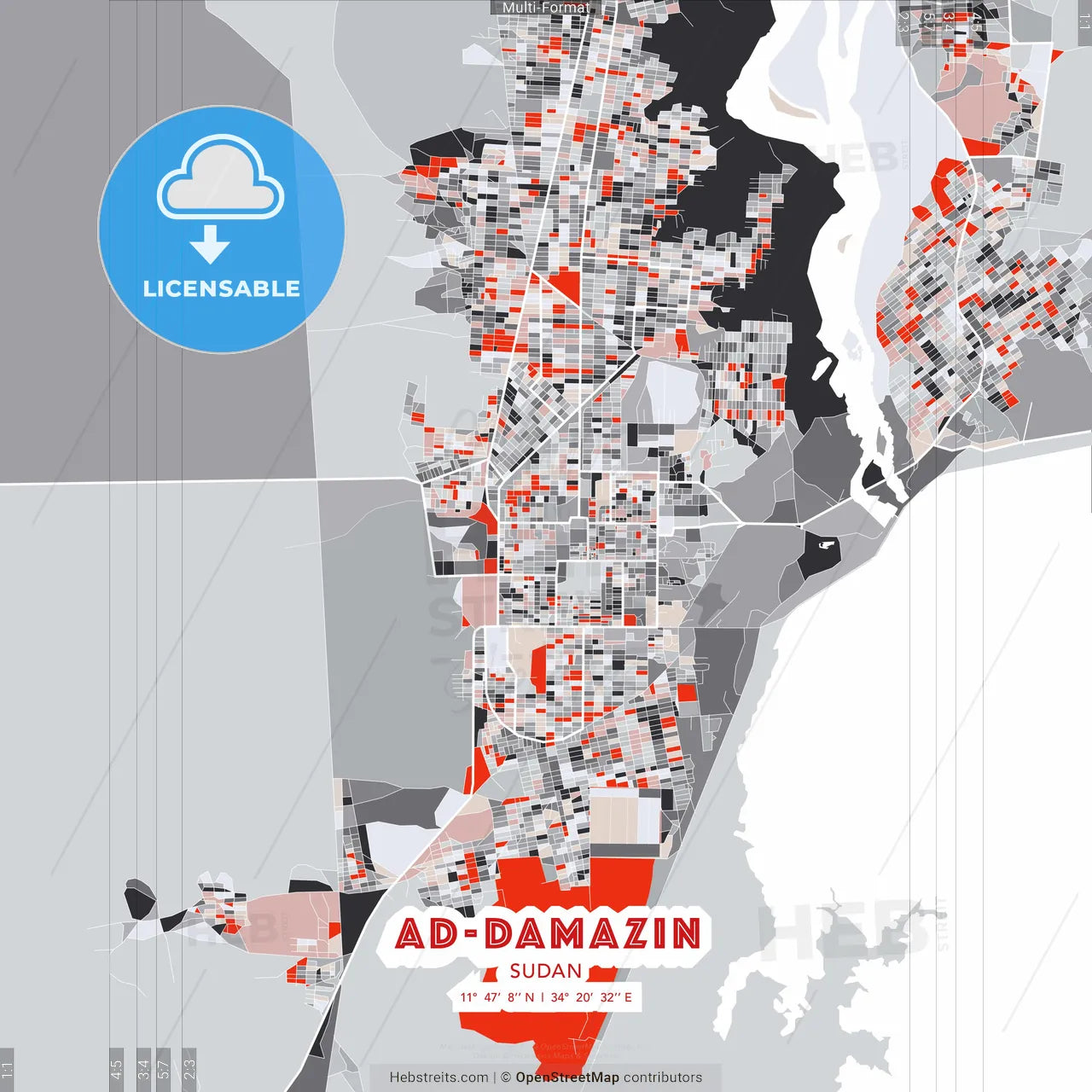 Ad-Damazin, Sudan - modern street map poster template with gray and red tones