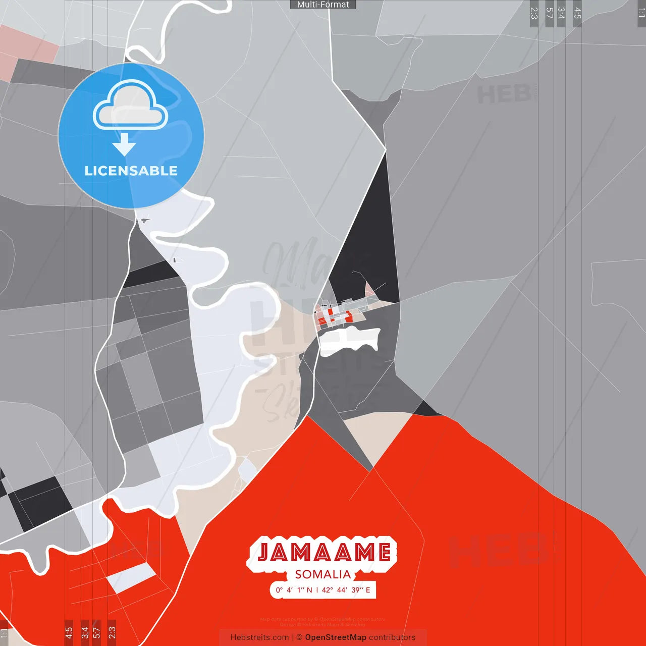 Jamaame, Somalia - modern street map poster template with gray and red tones