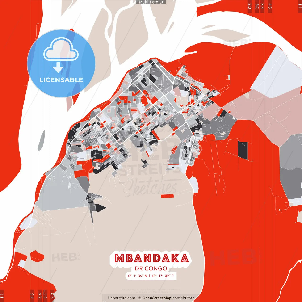 Mbandaka, DR Congo - modern street map poster template with gray and red tones