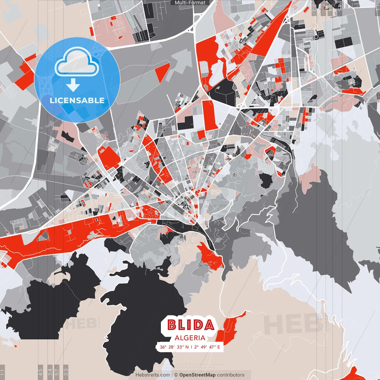 Blida, Algeria - modern street map poster template with gray and red tones
