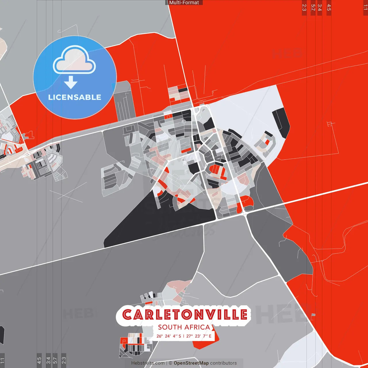 Carletonville, South Africa - modern street map poster template with gray and red tones