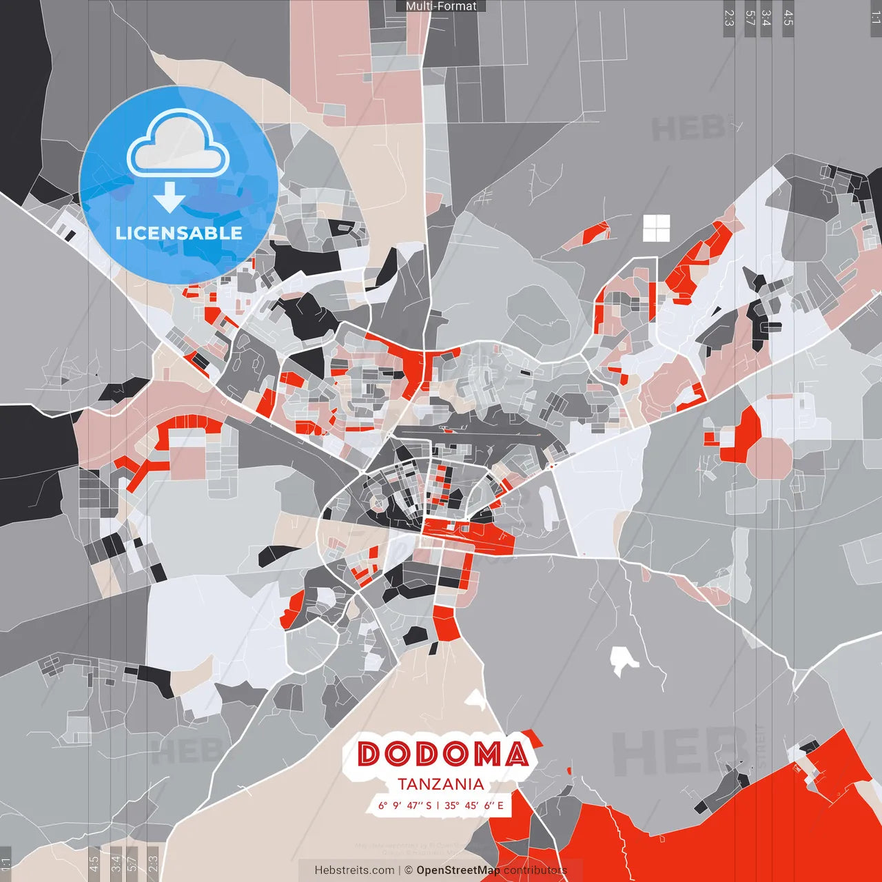 Dodoma, Tanzania - modern street map poster template with gray and red tones