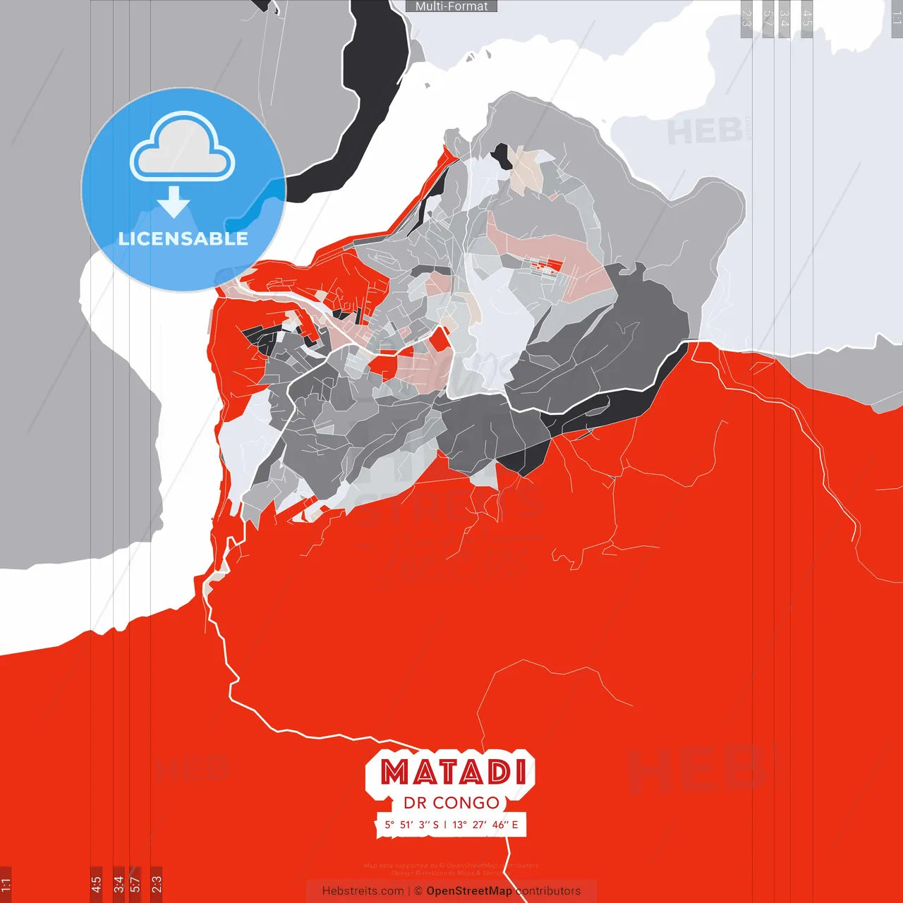 Matadi, DR Congo - modern street map poster template with gray and red tones