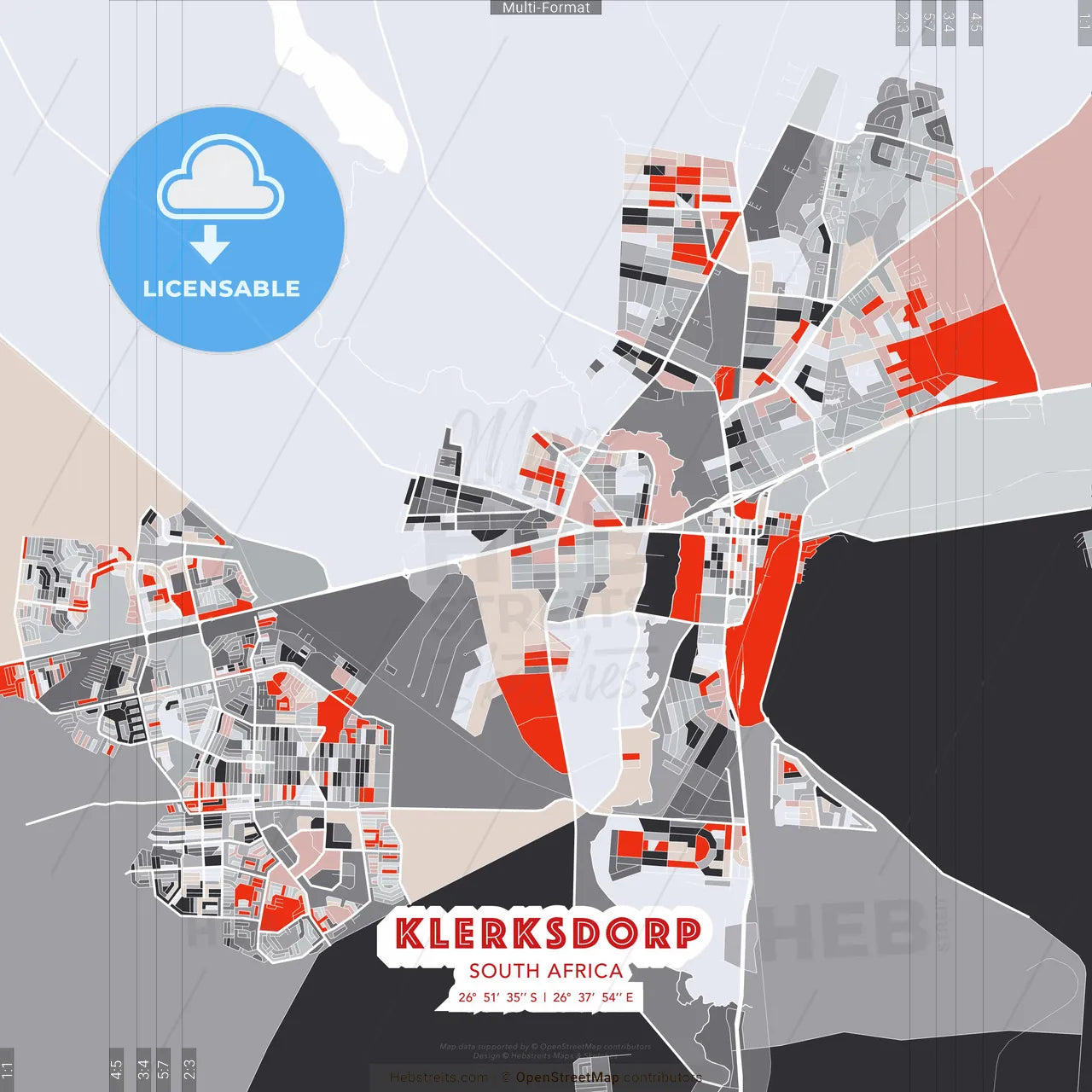 Klerksdorp, South Africa - modern street map poster template with gray and red tones