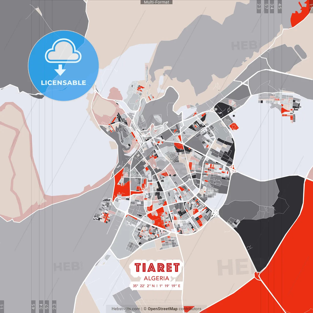 Tiaret, Algeria - modern street map poster template with gray and red tones