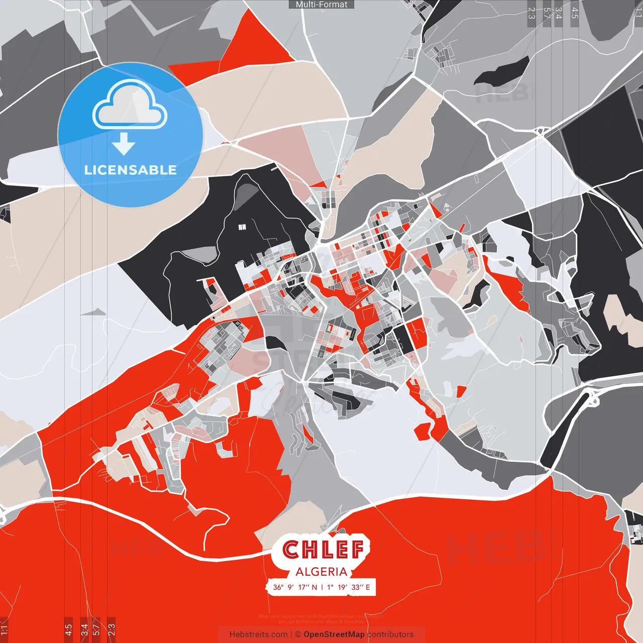 Chlef, Algeria - modern street map poster template with gray and red tones