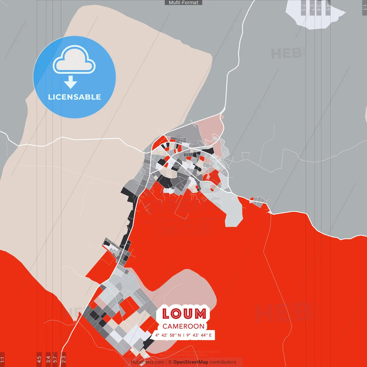 Loum, Cameroon - modern street map poster template with gray and red tones
