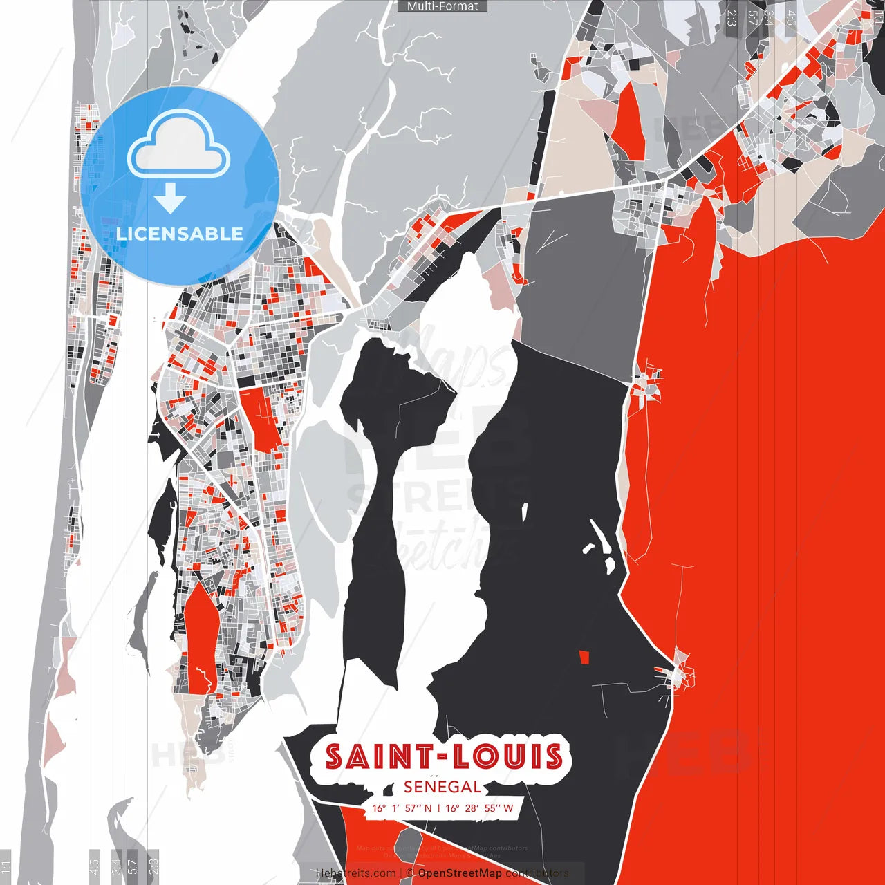 Saint-Louis, Senegal - modern street map poster template with gray and red tones