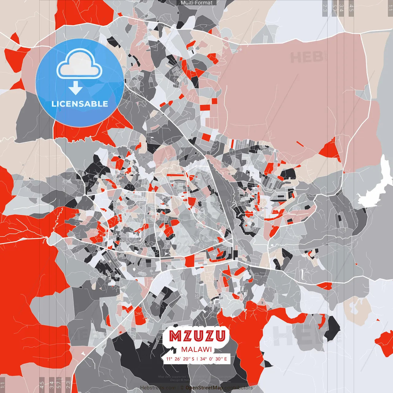 Mzuzu, Malawi - modern street map poster template with gray and red tones