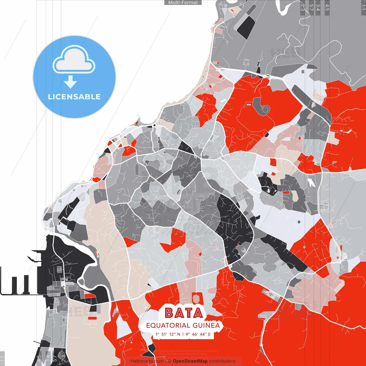 Bata, Equatorial Guinea - modern street map poster template with gray and red tones