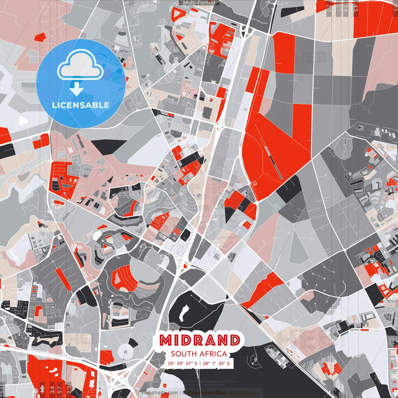 Midrand, South Africa - modern street map poster template with gray and red tones