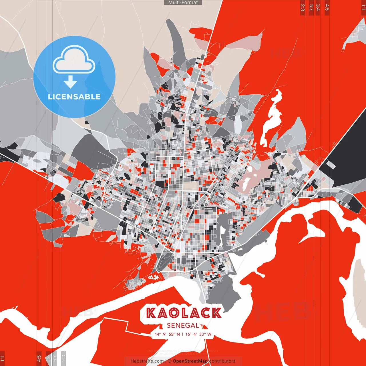 Kaolack, Senegal - modern street map poster template with gray and red tones