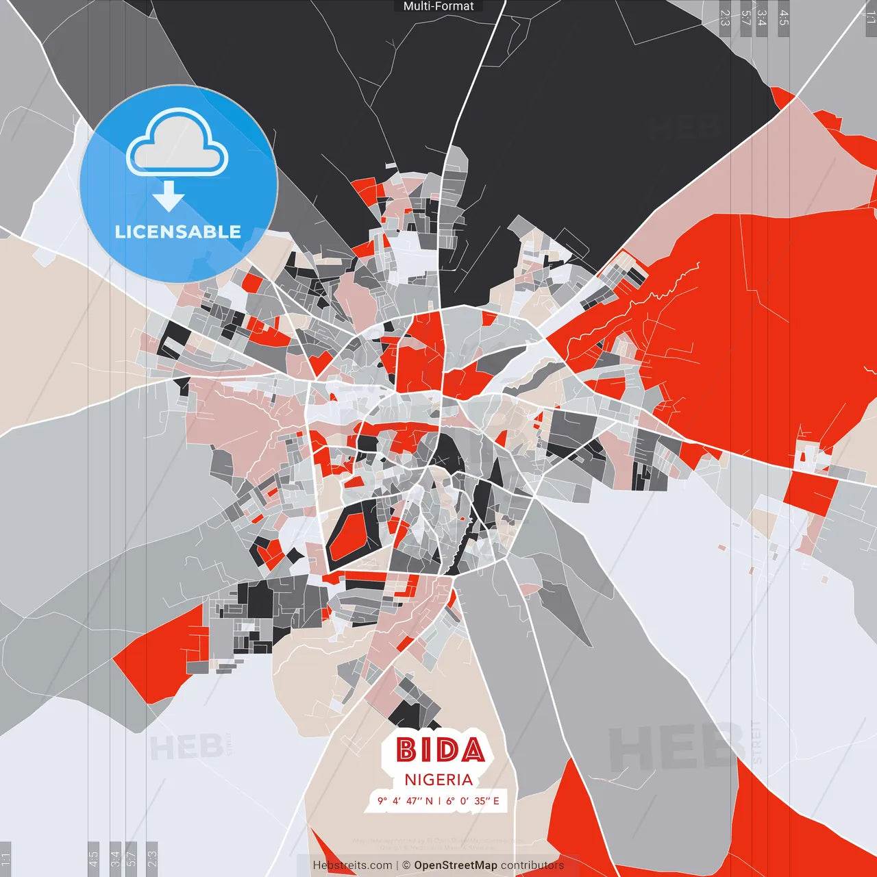 Bida, Nigeria - modern street map poster template with gray and red tones