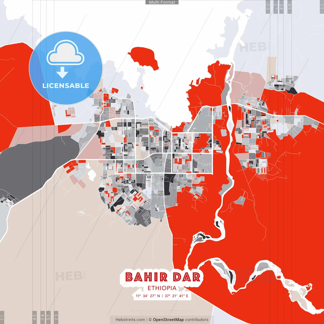Bahir Dar, Ethiopia - modern street map poster template with gray and red tones
