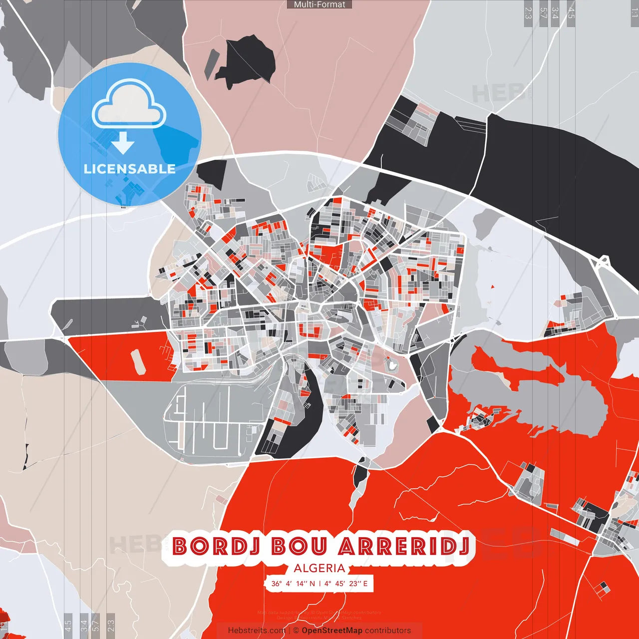 Bordj Bou Arreridj, Algeria - modern street map poster template with gray and red tones
