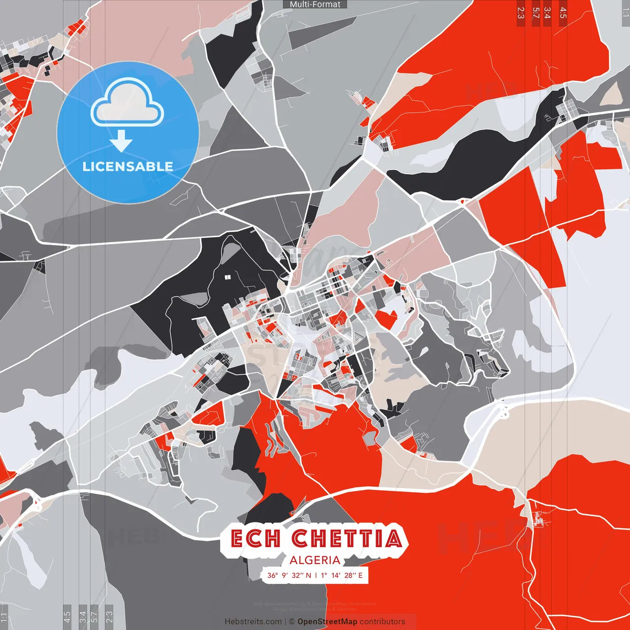 Ech Chettia, Algeria - modern street map poster template with gray and red tones