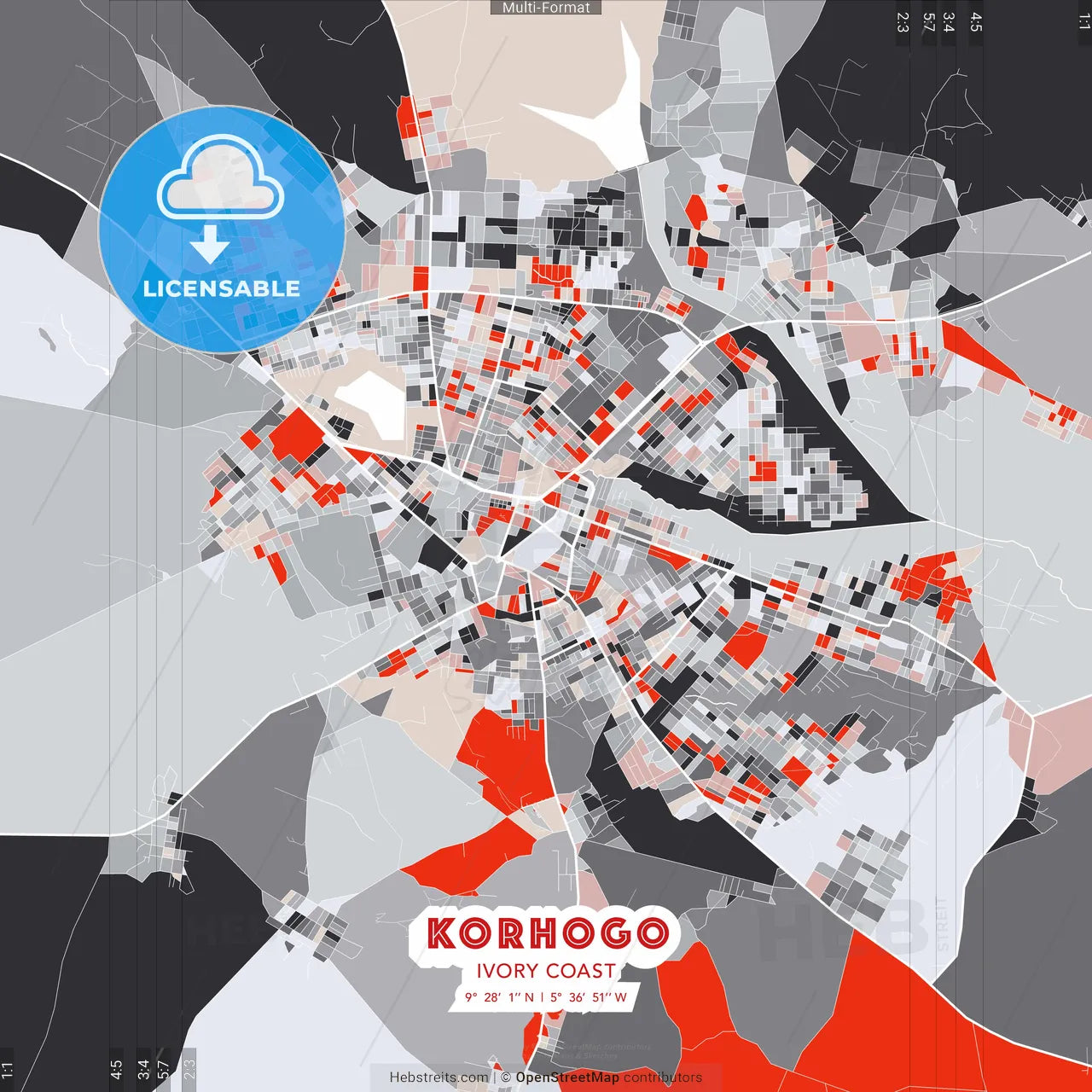 Korhogo, Ivory Coast - modern street map poster template with gray and red tones