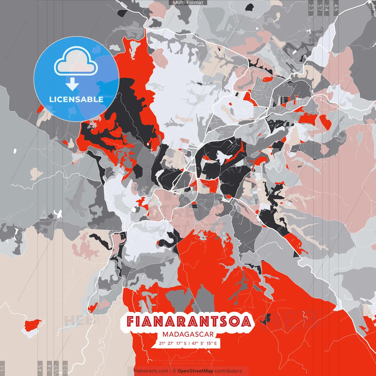 Fianarantsoa, Madagascar - modern street map poster template with gray and red tones