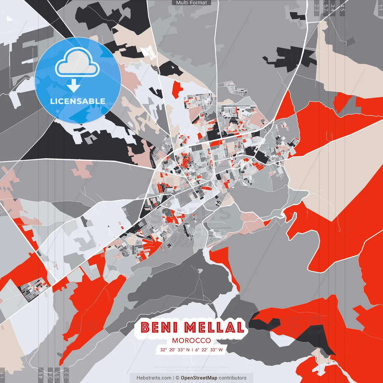 Beni Mellal, Morocco - modern street map poster template with gray and red tones
