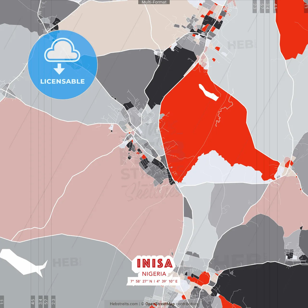 Inisa, Nigeria - modern street map poster template with gray and red tones