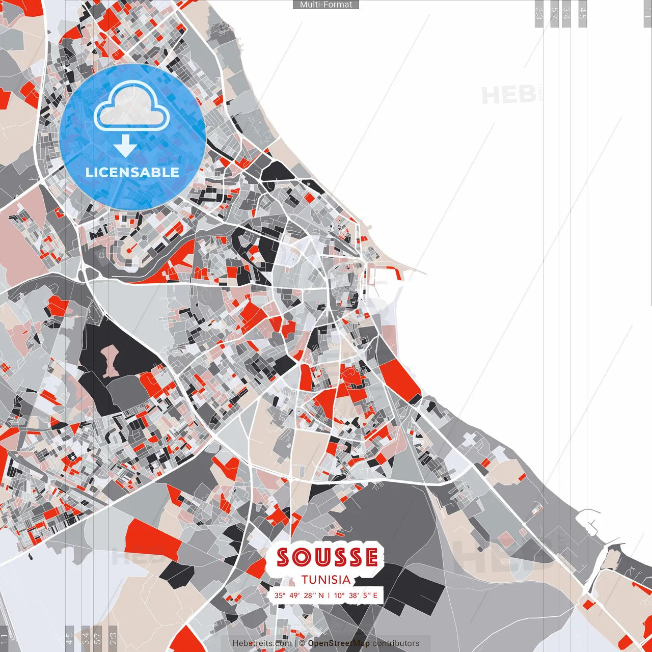 Sousse, Tunisia - modern street map poster template with gray and red tones