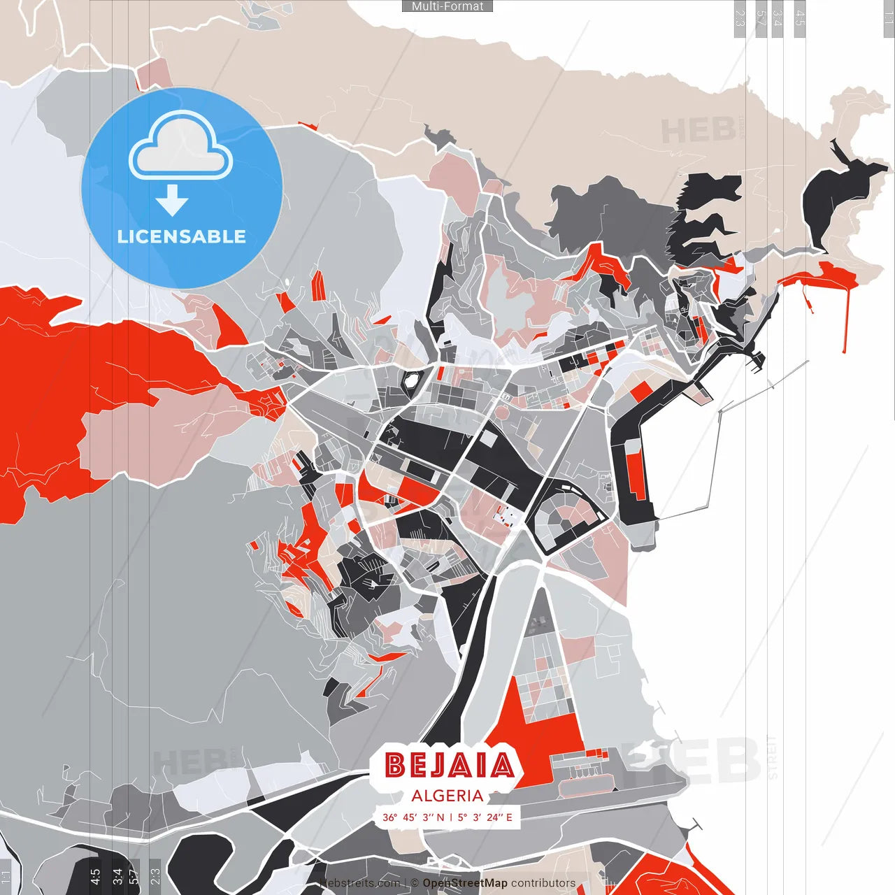Bejaia, Algeria - modern street map poster template with gray and red tones